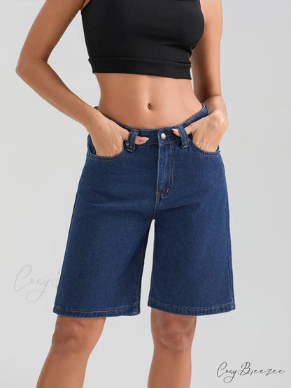 Knee-Length Button Denim Shorts short-250223