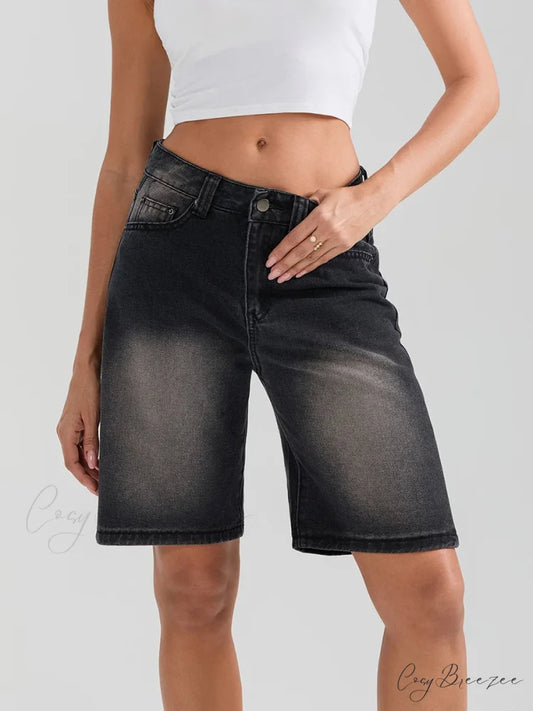 Knee-Length Button Denim Shorts short-250223