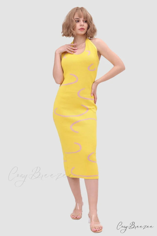 Knit Backless Halter Dress Yellow / S