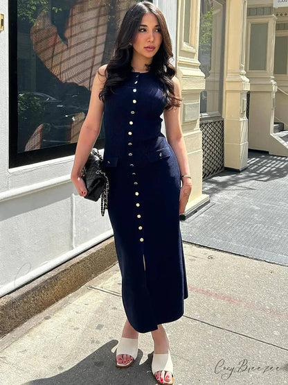 Knit Buttoned Stylish Midi Dress