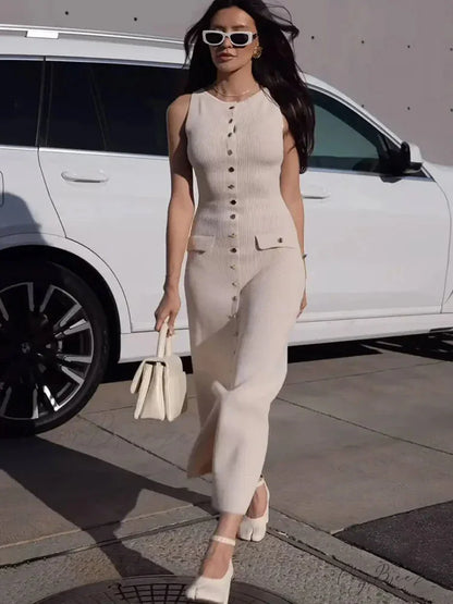 Knit Buttoned Stylish Midi Dress