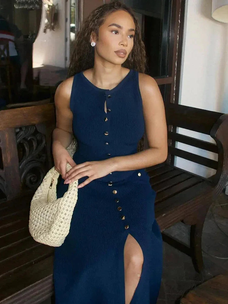 Knit Buttoned Stylish Midi Dress Navy Blue / S