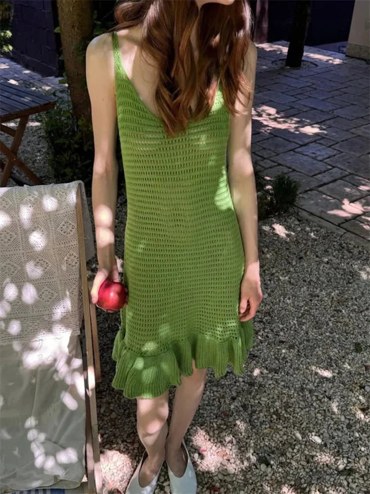 Knit Hollow-Out V-Neck Mini Gown Green / One Size minidress-250223