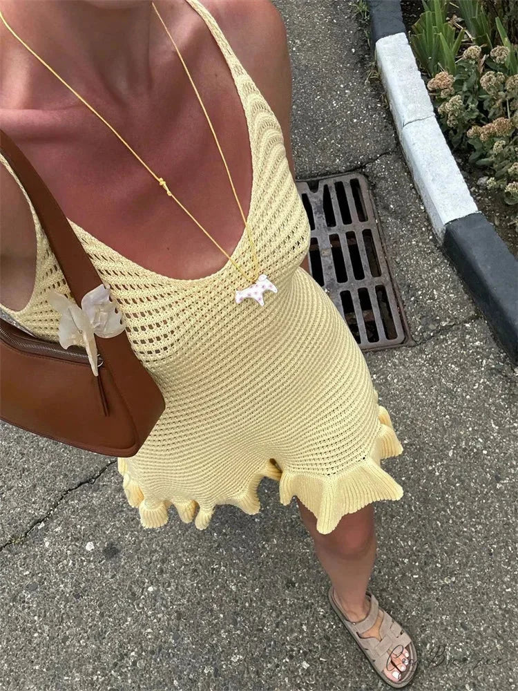 Knit Hollow-Out V-Neck Mini Gown minidress-250223