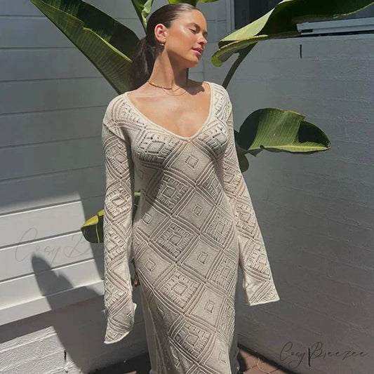 Knit Hollow V Sweater Maxi Dress