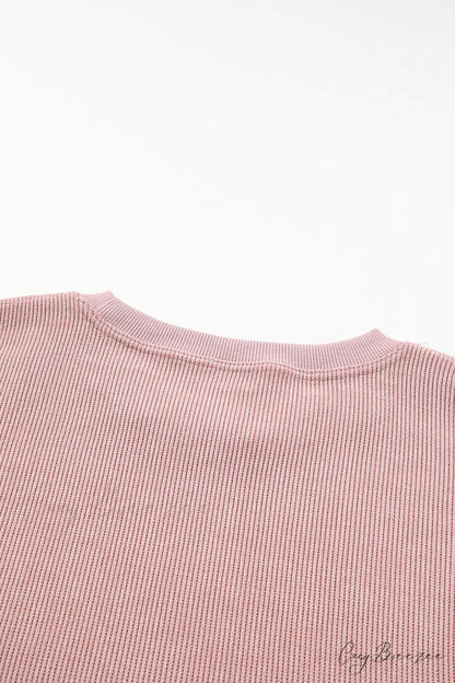 Knit Neck Pullover Ribbed Pink Round Sweatshirt
