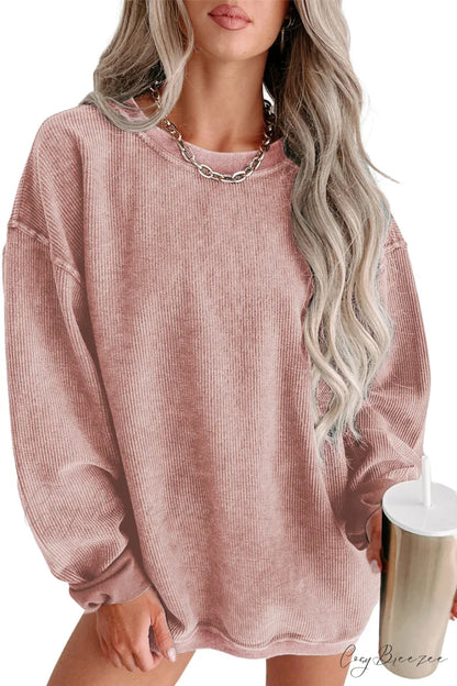 Knit Neck Pullover Ribbed Pink Round Sweatshirt