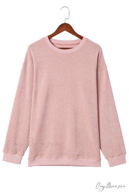 Knit Neck Pullover Ribbed Pink Round Sweatshirt
