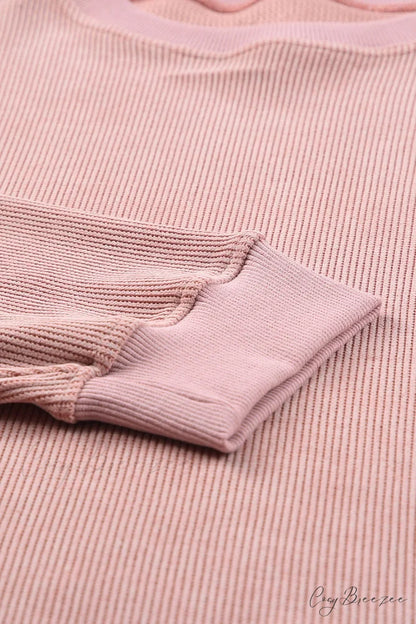 Knit Neck Pullover Ribbed Pink Round Sweatshirt