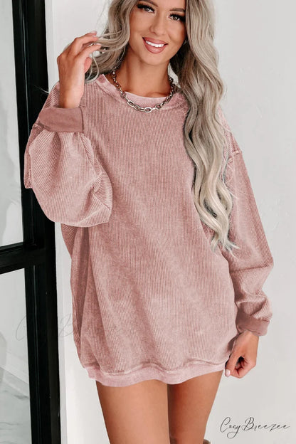 Knit Neck Pullover Ribbed Pink Round Sweatshirt
