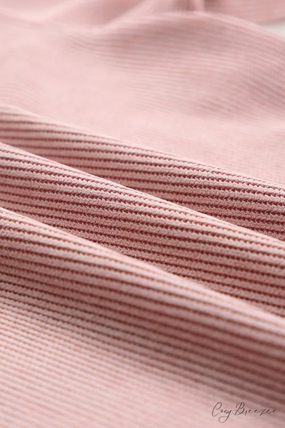 Knit Neck Pullover Ribbed Pink Round Sweatshirt