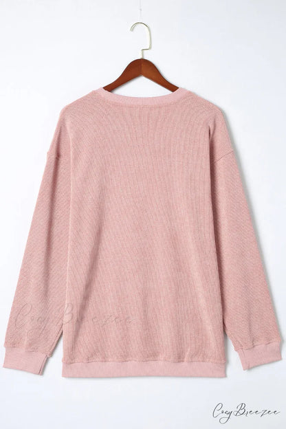 Knit Neck Pullover Ribbed Pink Round Sweatshirt