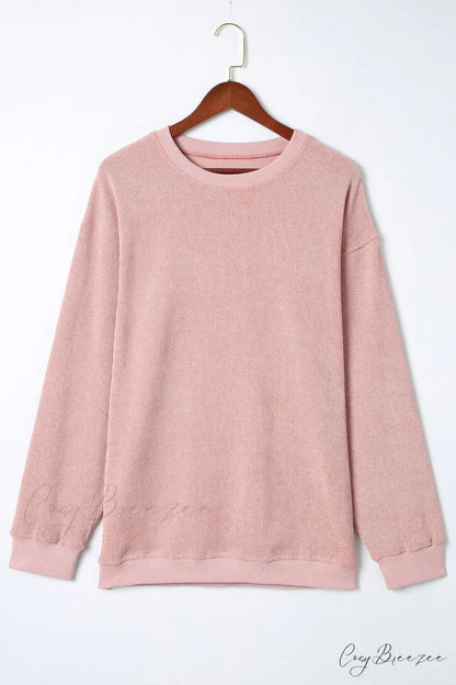 Knit Neck Pullover Ribbed Pink Round Sweatshirt