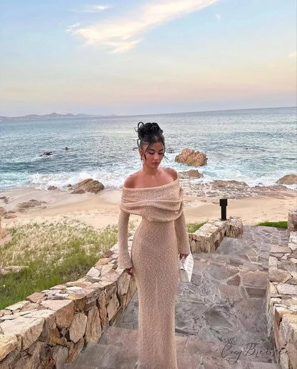 Knit Off-Shoulder Long Charming Sleeve Maxi Dress