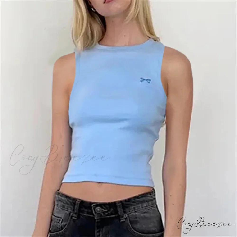 Knit Ribbon Embroidered Crop Top blue / S croptop-250223