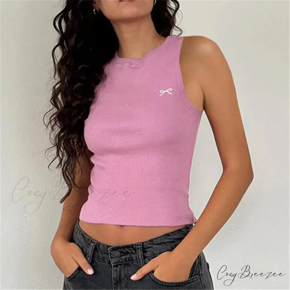Knit Ribbon Embroidered Crop Top pink 1 / S croptop-250223