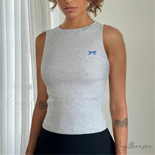 Knit Ribbon Embroidered Crop Top white / S croptop-250223