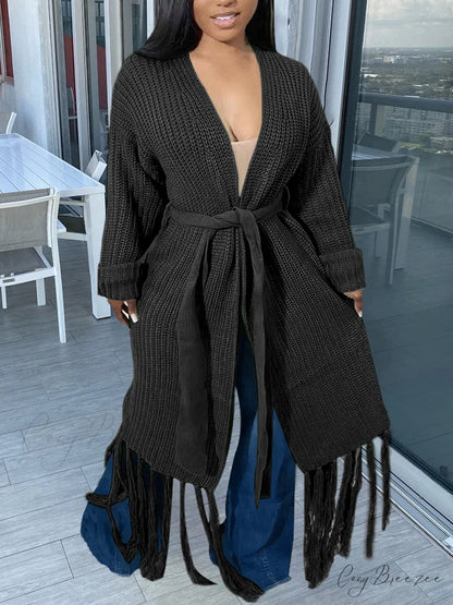 Knit Slit Graceful Turtleneck Sweaters Black / S