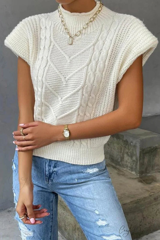 Knit Sweater Turtleneck Cable Vest White / S