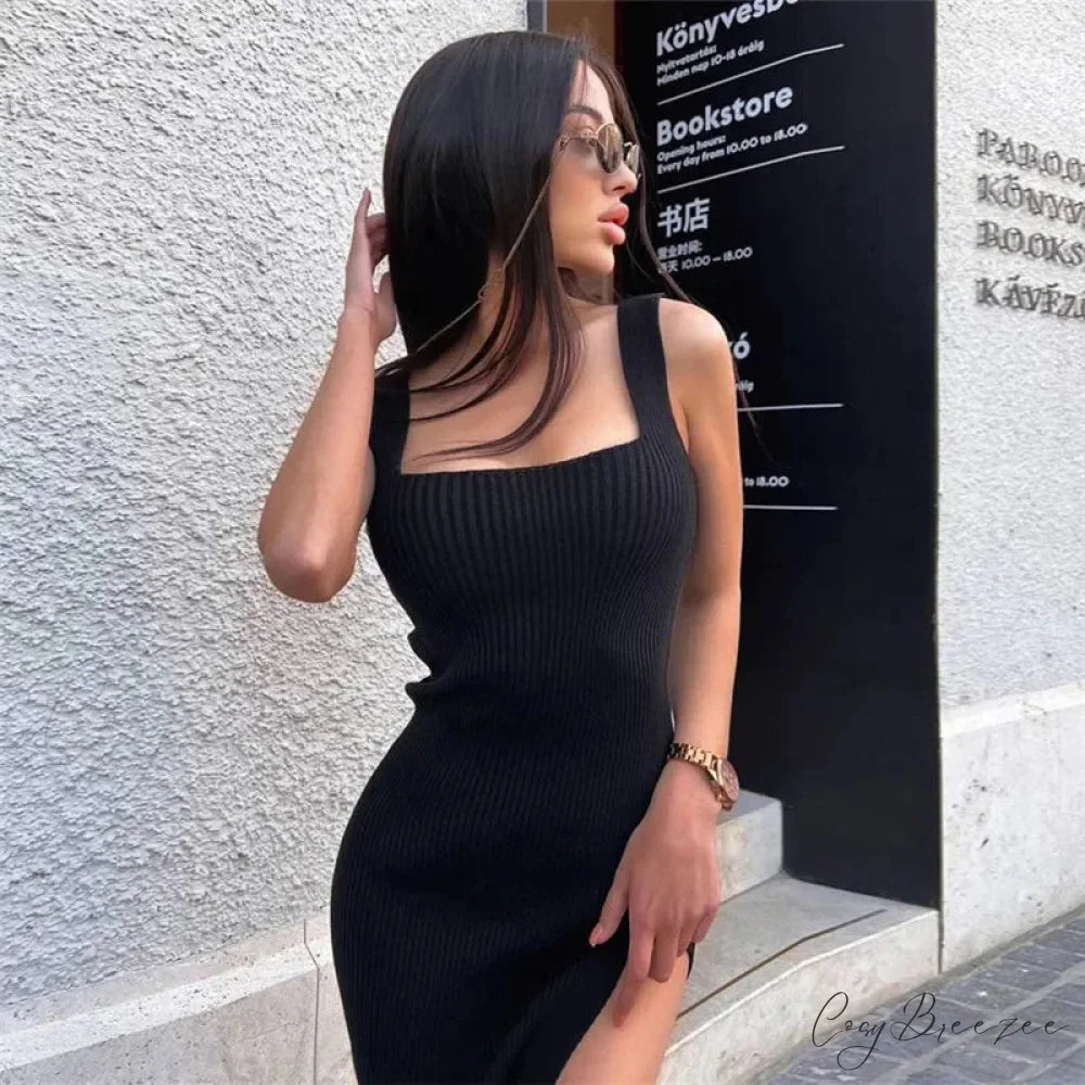 Knitted Bodycon Backless Mini Dress Black / S