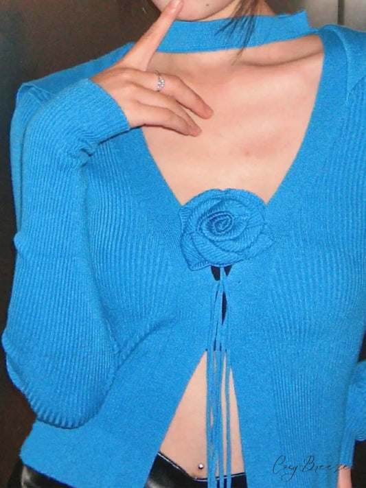 Knitted Cardigan Rose Large for Crop French Lapel Scarf Women Blue / S