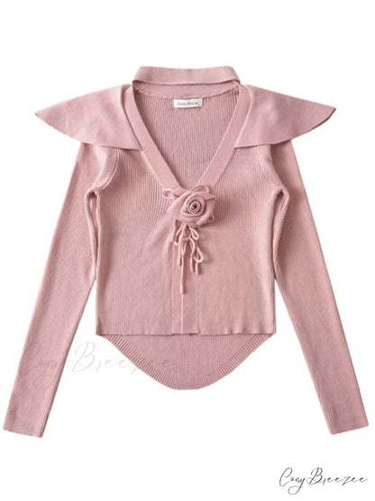 Knitted Cardigan Rose Large for Crop French Lapel Scarf Women Pink / S