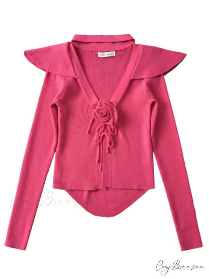 Knitted Cardigan Rose Large for Crop French Lapel Scarf Women Rose / S