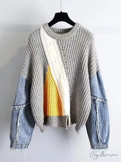 Knitted Color Block Turtleneck Modern Long Sleeve Sweater - Pink