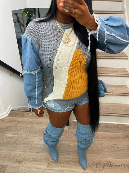 Knitted Color Block Turtleneck Modern Long Sleeve Sweater - Pink