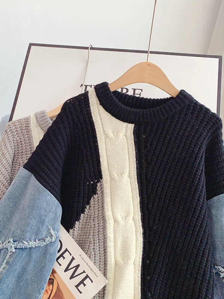 Knitted Color Block Turtleneck Modern Long Sleeve Sweater - Pink
