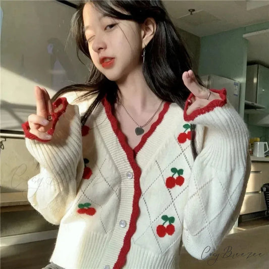 Knitted Cozy Autumnal Winter V-neck Floral Casual Long Sleeve Comfortable Stylish Sweater