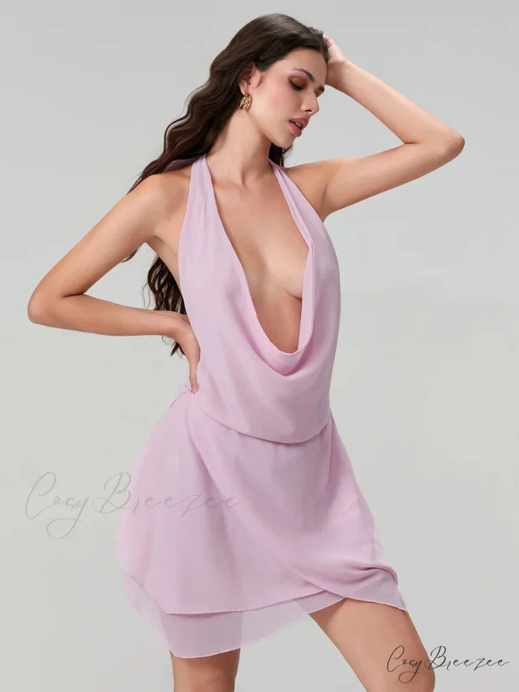 Knitted Cutout Tie-Up Mini Dress pink / S minidress-250223