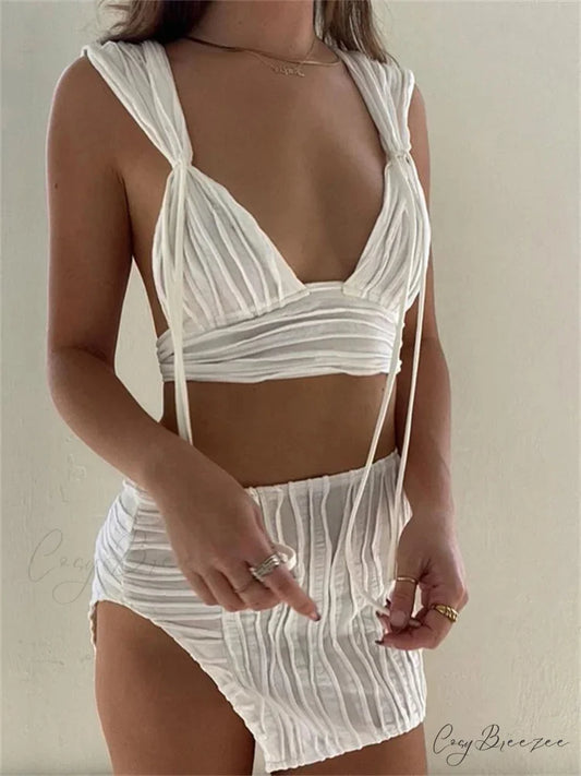 Knitted Deep V-neck Tank + Split Mini Skirt WHITE / S twopiecesset-250126