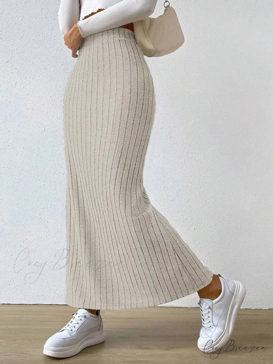 Knitted Elegant Stylish High Waist Slim Solid Color Trendy Hip Slits Skirt apricot / XS