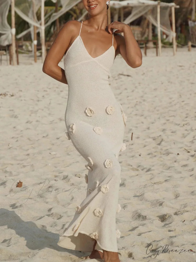 Knitted Floral Stylish Midi Dress Apricot / S
