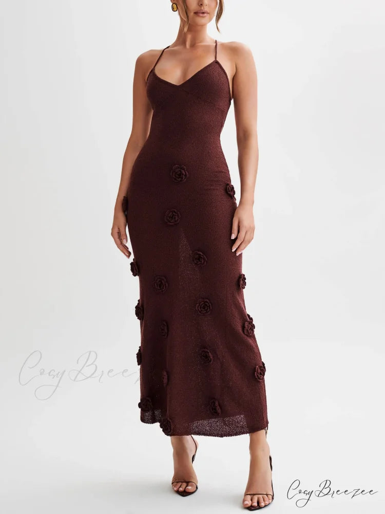 Knitted Floral Stylish Midi Dress Wine Red / S