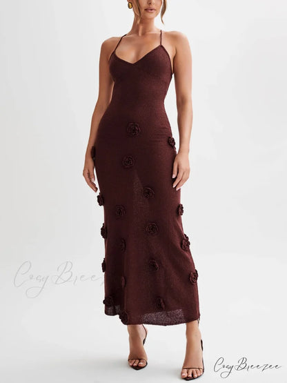 Knitted Floral Stylish Midi Dress Wine Red / S