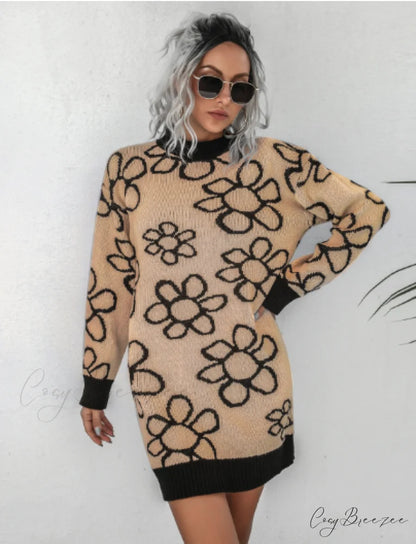 knitted flower dress M / khaki
