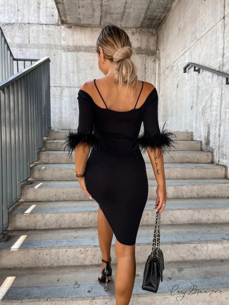 Knitted Fur Women’s Neck Arm One-Line Dress