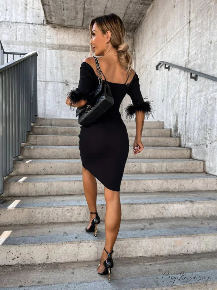 Knitted Fur Women’s Neck Arm One-Line Dress