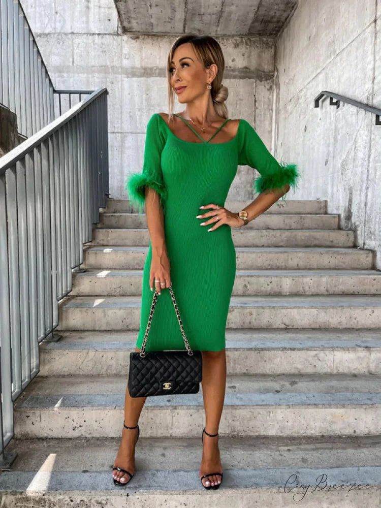 Knitted Fur Women’s Neck Arm One-Line Dress