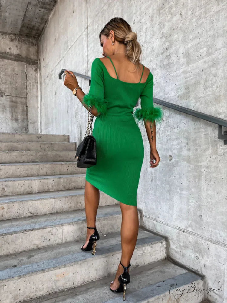 Knitted Fur Women’s Neck Arm One-Line Dress