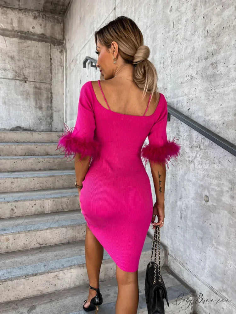 Knitted Fur Women’s Neck Arm One-Line Dress