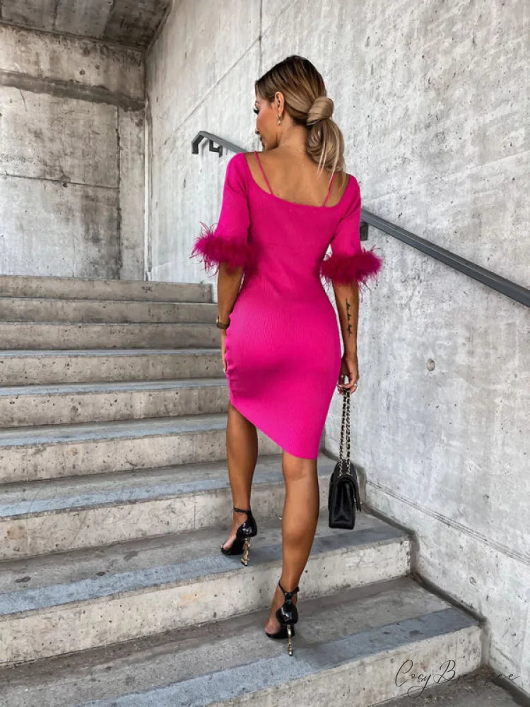 Knitted Fur Women’s Neck Arm One-Line Dress