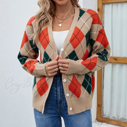 Knitted Geometric Cardigan Brown / S