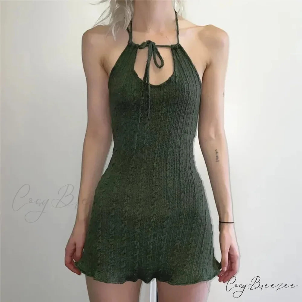 Knitted Grunge Green Folds Mini Dress