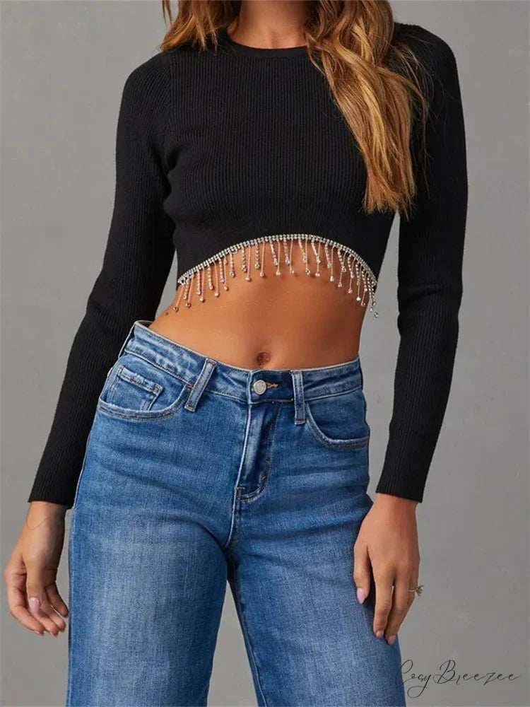 Knitted Grunge Round Neck Long Sleeve Slim Fit T-shirts Black / S