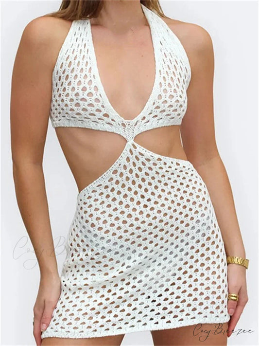 Knitted Halter Hollow Out Summer Sexy Lace Up Mini Dress WHITE / S