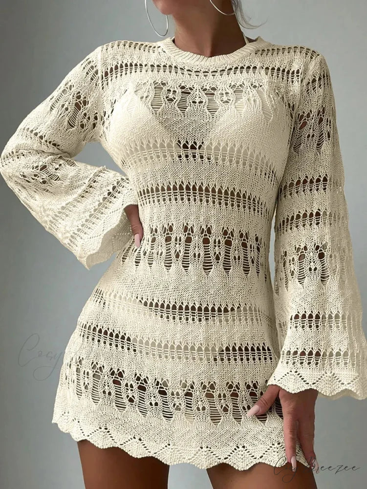 Knitted Hollow Out Sexy Backless Beach Mini Dress Cover-up Apricot / S bohodress-250126