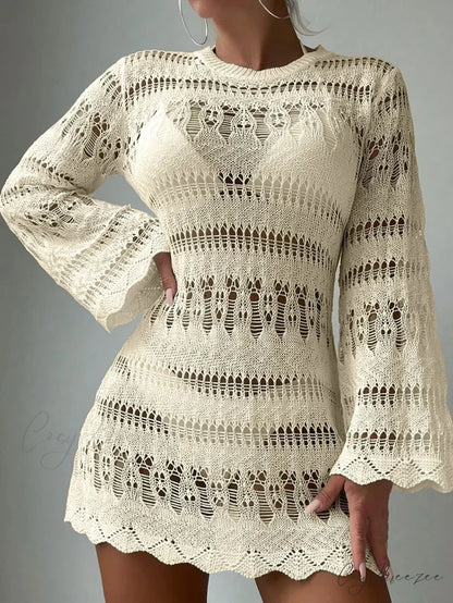 Knitted Hollow Out Sexy Backless Beach Mini Dress Cover-up Apricot / S bohodress-250126